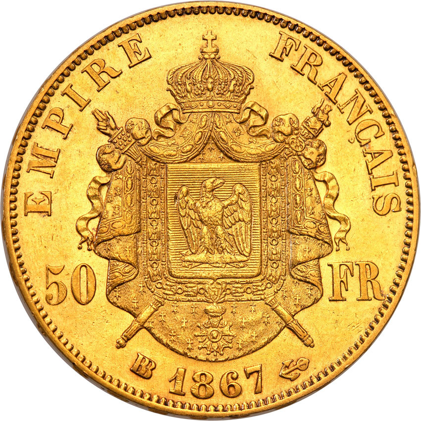 Francja. Napoleon III (1852-1870). 50 franków 1867 BB, Strassbourg - RZADKIE